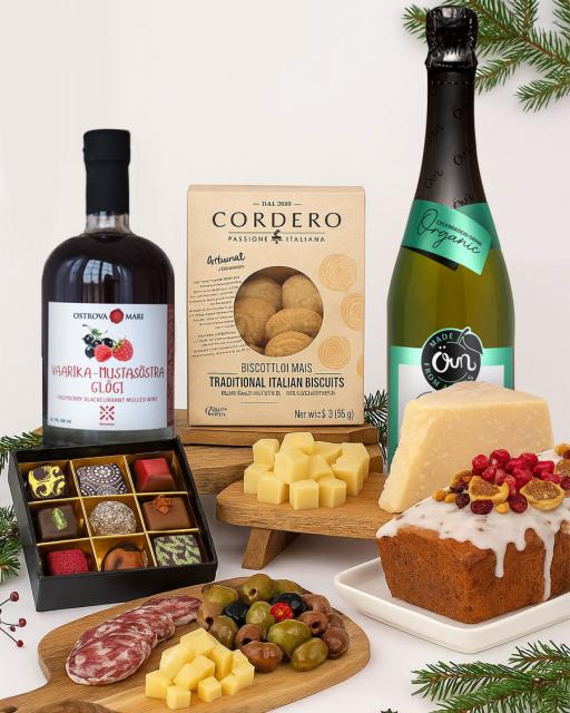 Vidutinė dovanų dėžutė su putojančiu gėrimu (0 % alk.) ir glogiu