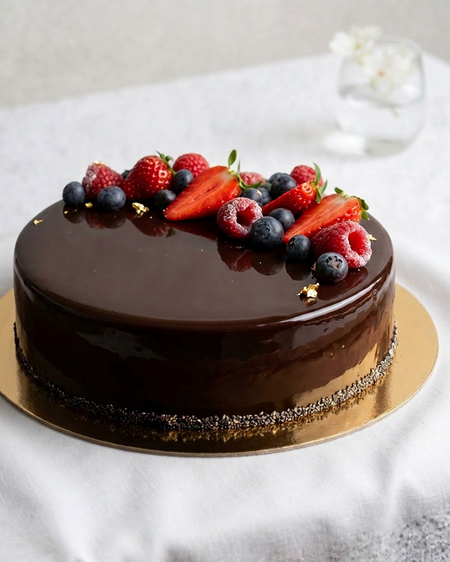 Juodojo šokolado ir egzotinių vaisių tortas